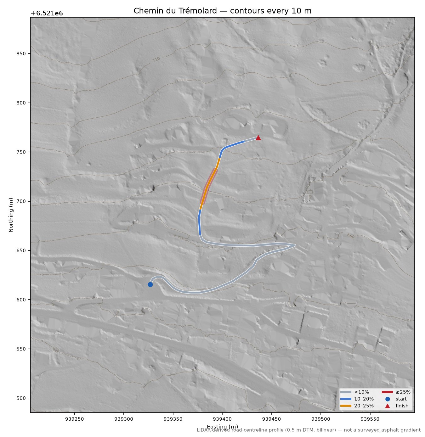 Chemin du Trémolard LiDAR hillshade map with contours