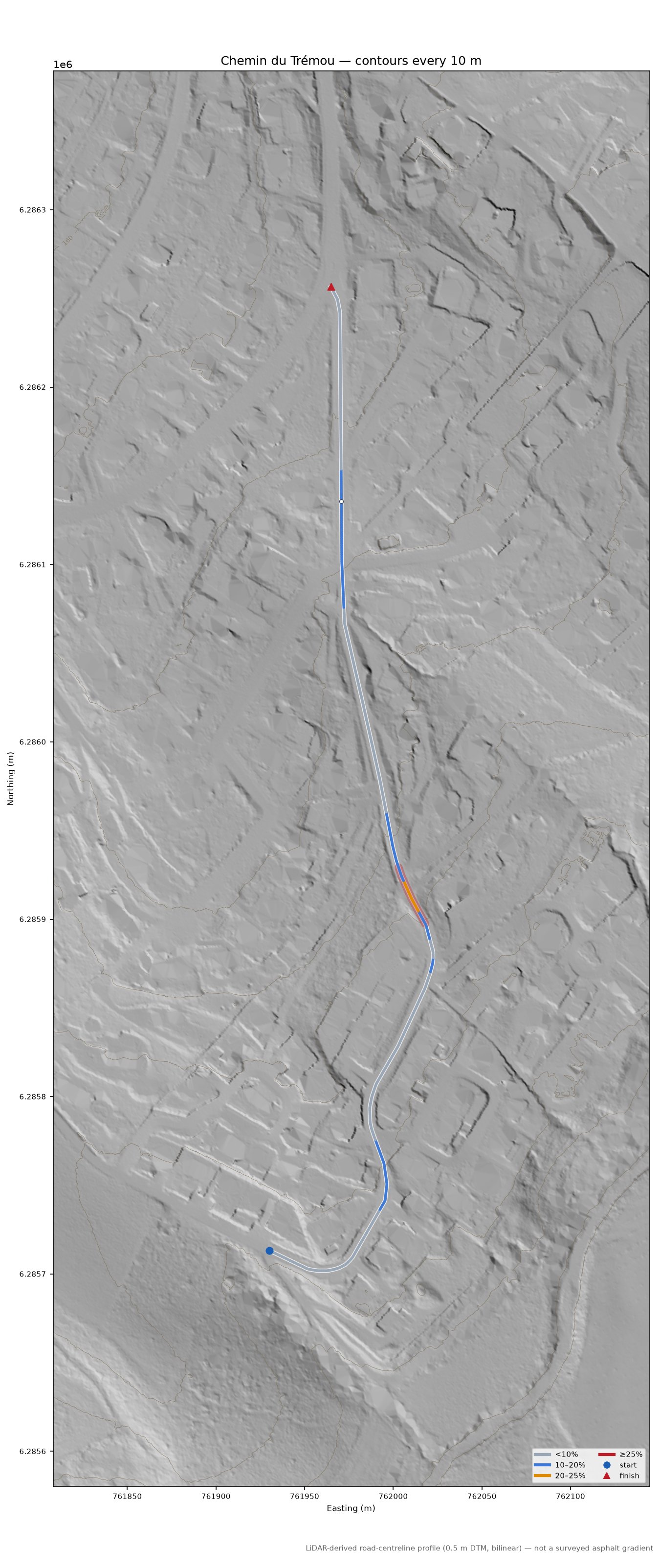 Chemin du Trémou LiDAR hillshade map with contours