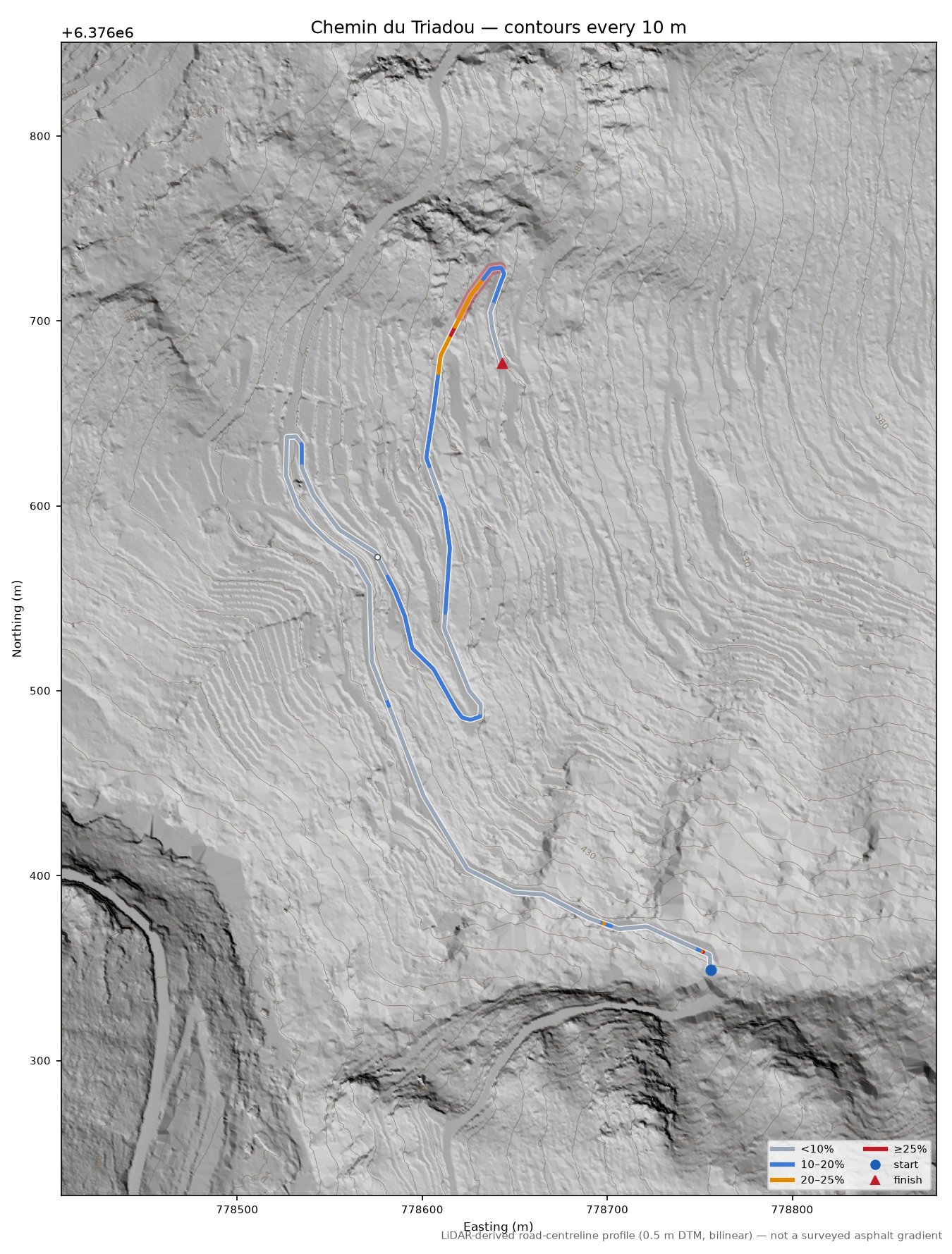 Chemin du Triadou LiDAR hillshade map with contours