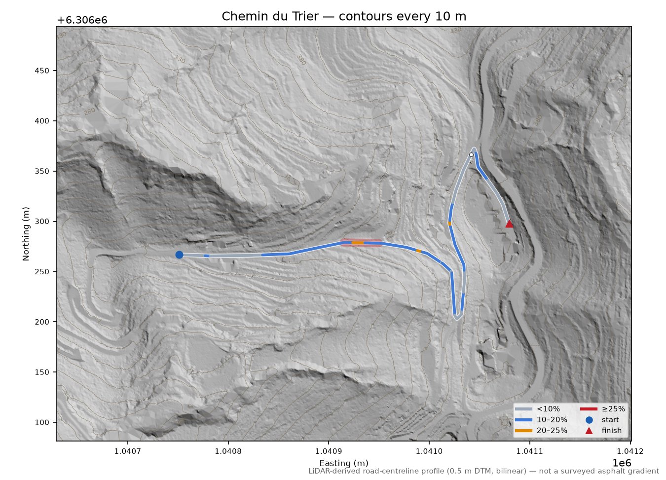 Chemin du Trier LiDAR hillshade map with contours