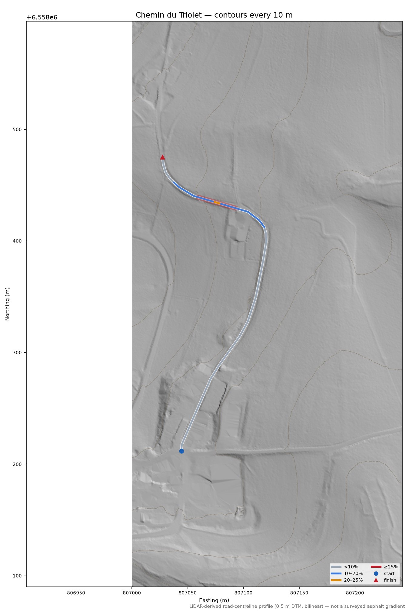 Chemin du Triolet LiDAR hillshade map with contours