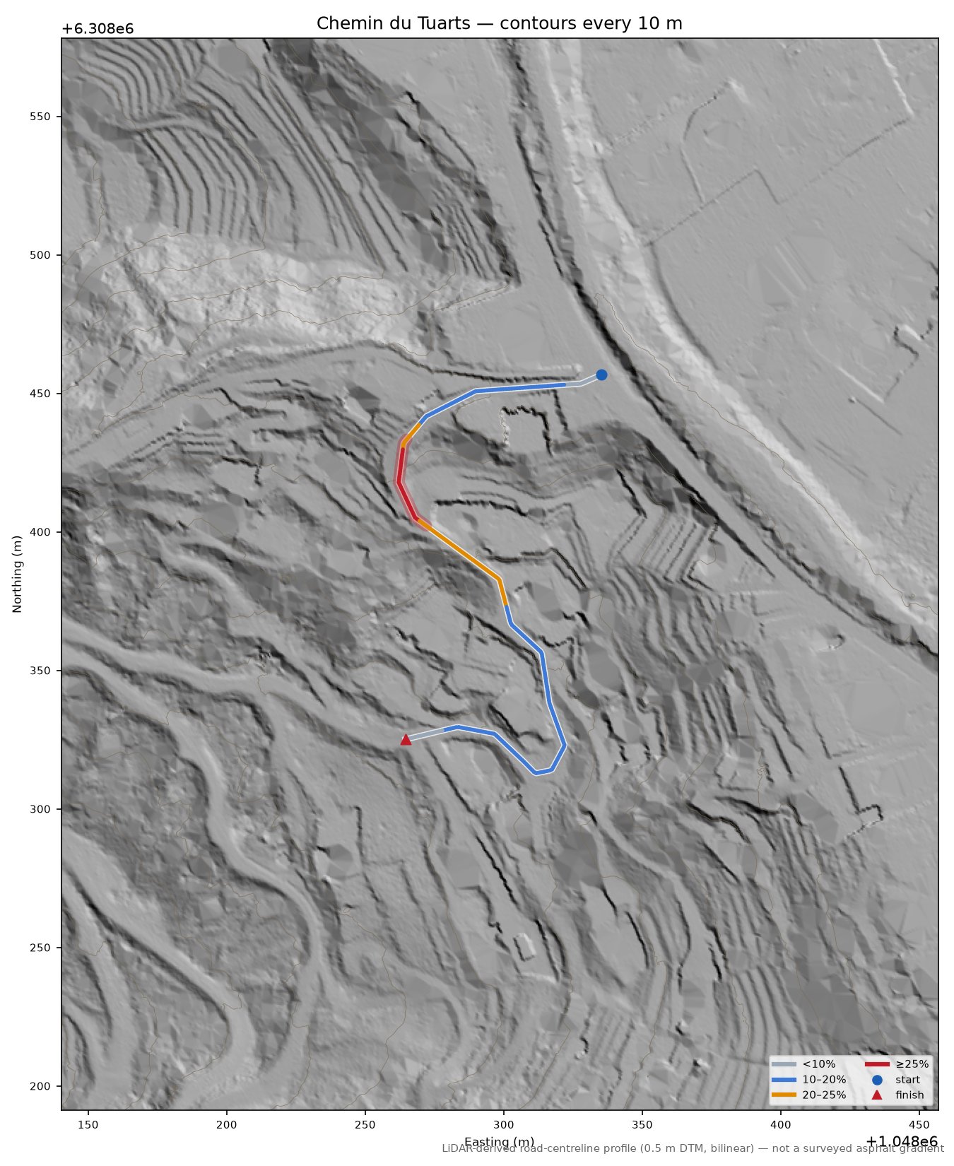 Chemin du Tuarts LiDAR hillshade map with contours