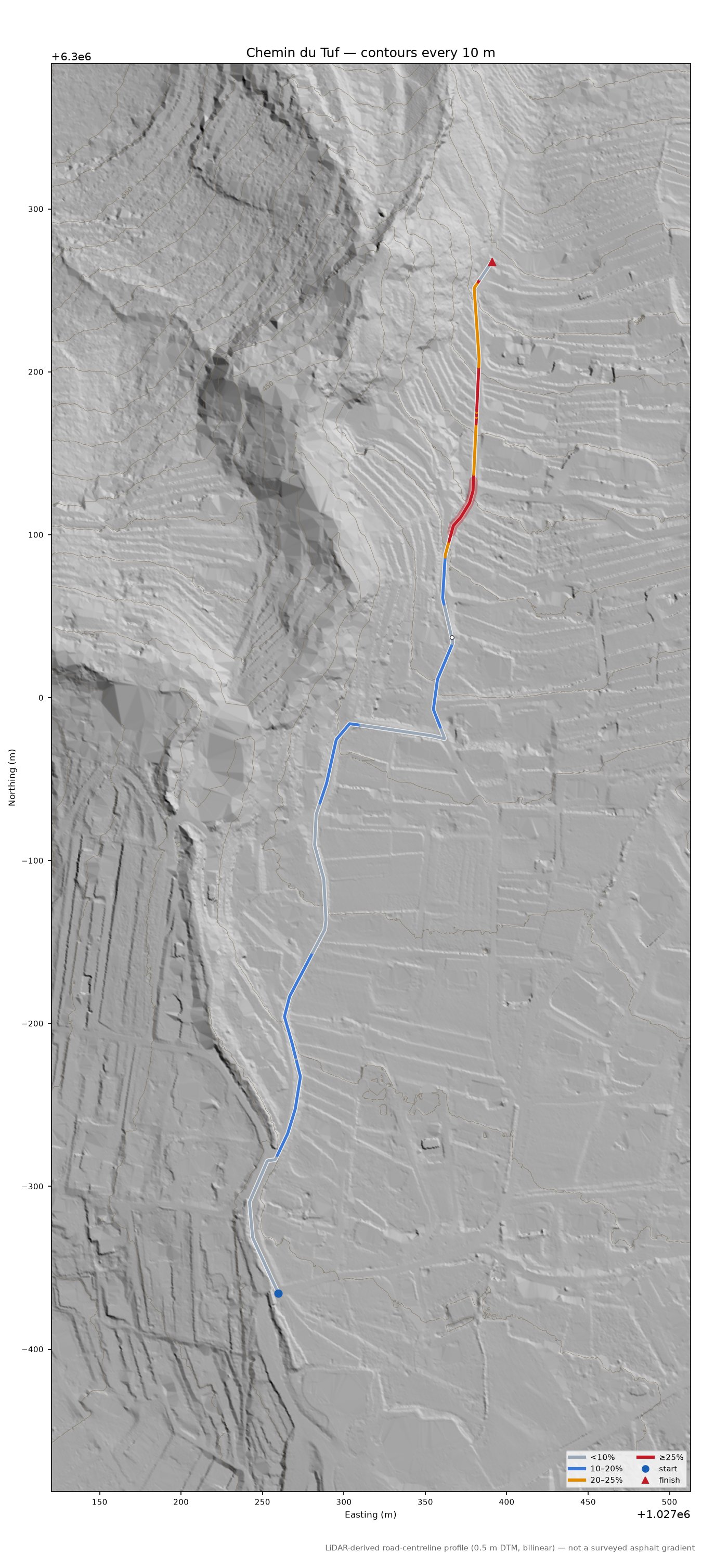 Chemin du Tuf LiDAR hillshade map with contours