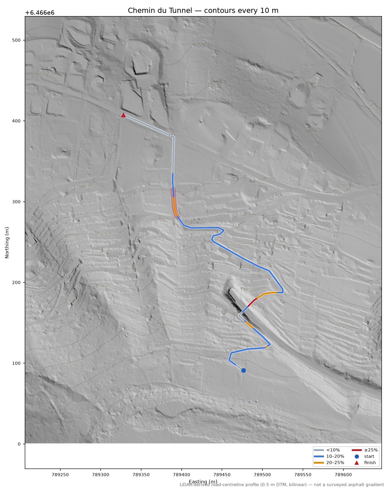 Chemin du Tunnel LiDAR hillshade map with contours