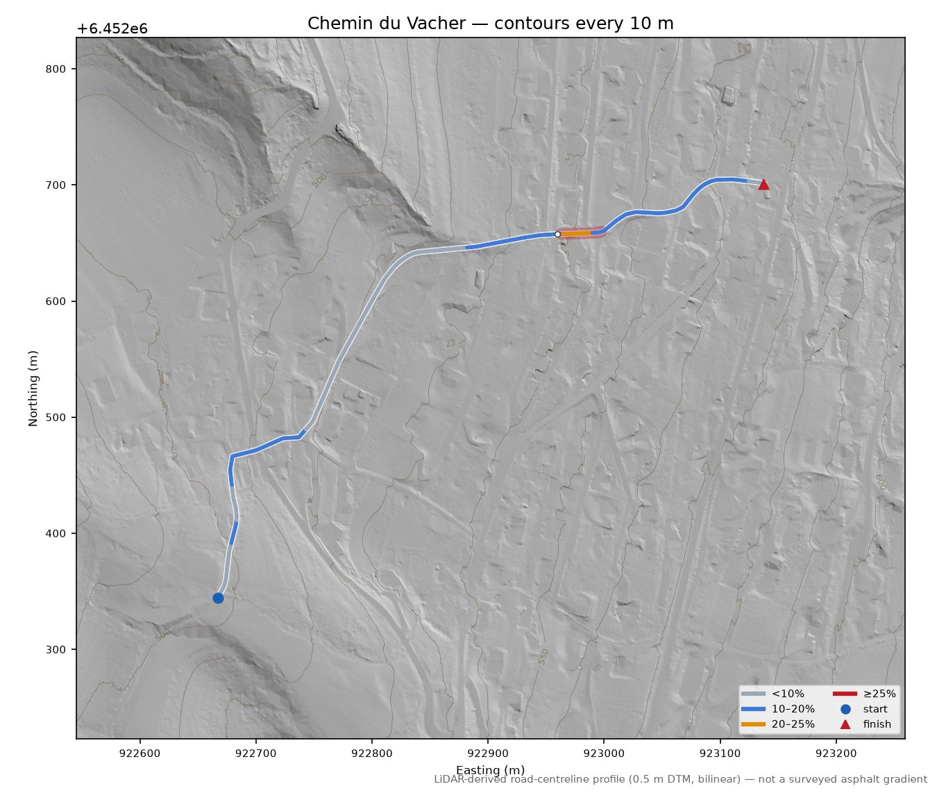 Chemin du Vacher LiDAR hillshade map with contours