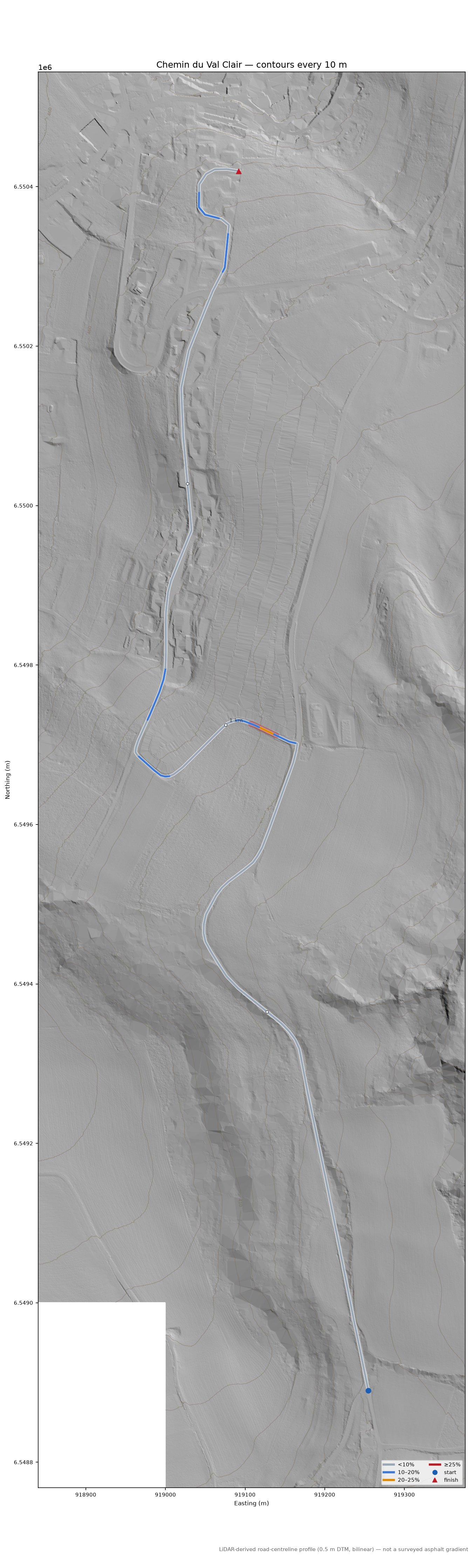 Chemin du Val Clair LiDAR hillshade map with contours