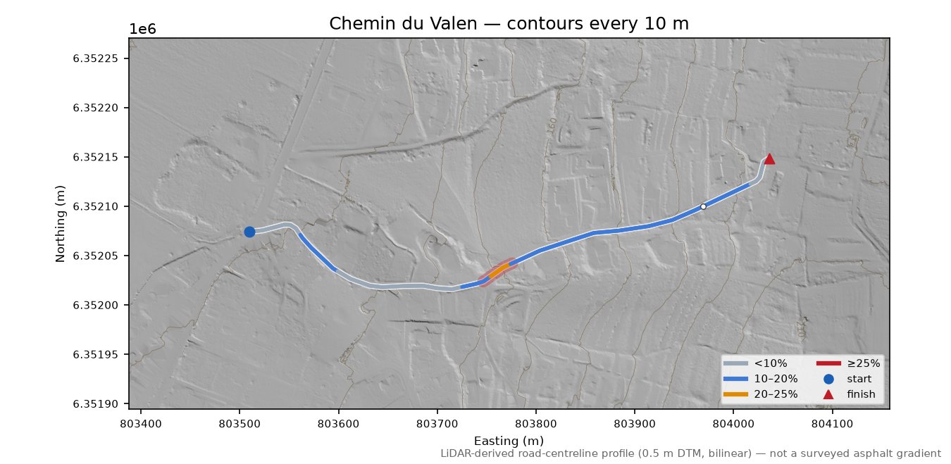 Chemin du Valen LiDAR hillshade map with contours