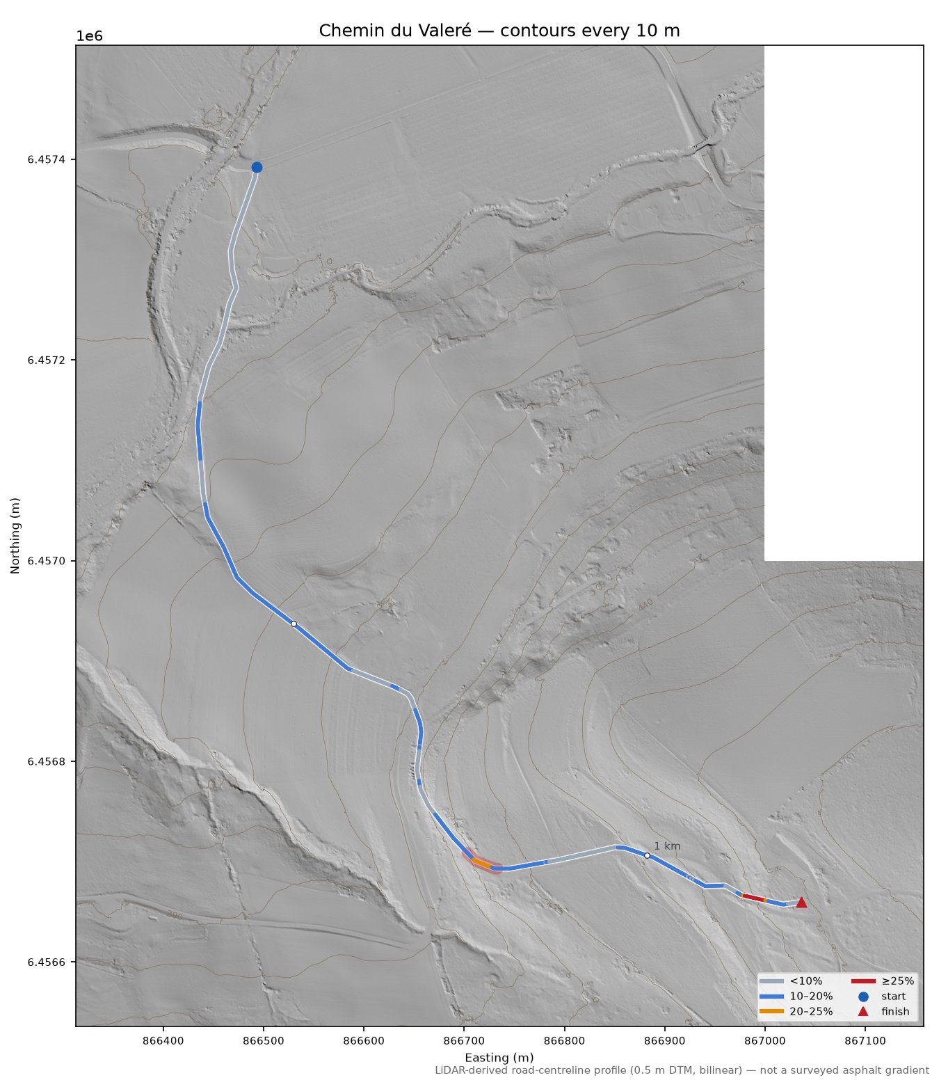 Chemin du Valeré LiDAR hillshade map with contours