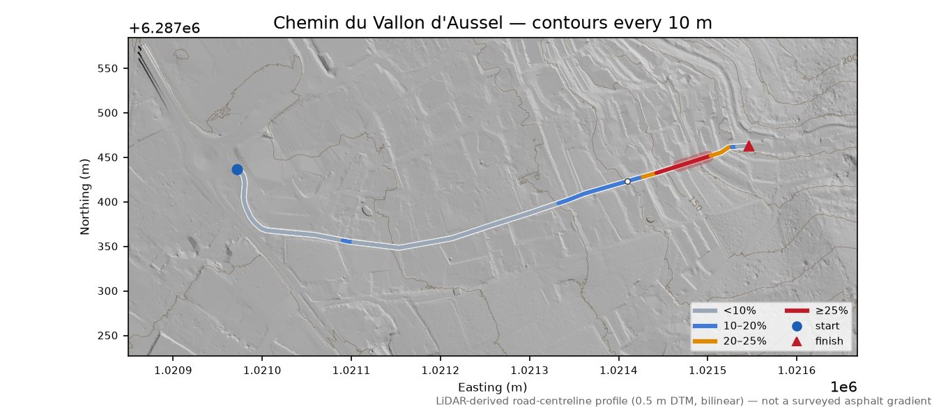 Chemin du Vallon d'Aussel LiDAR hillshade map with contours