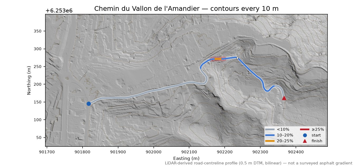 Chemin du Vallon de l'Amandier LiDAR hillshade map with contours