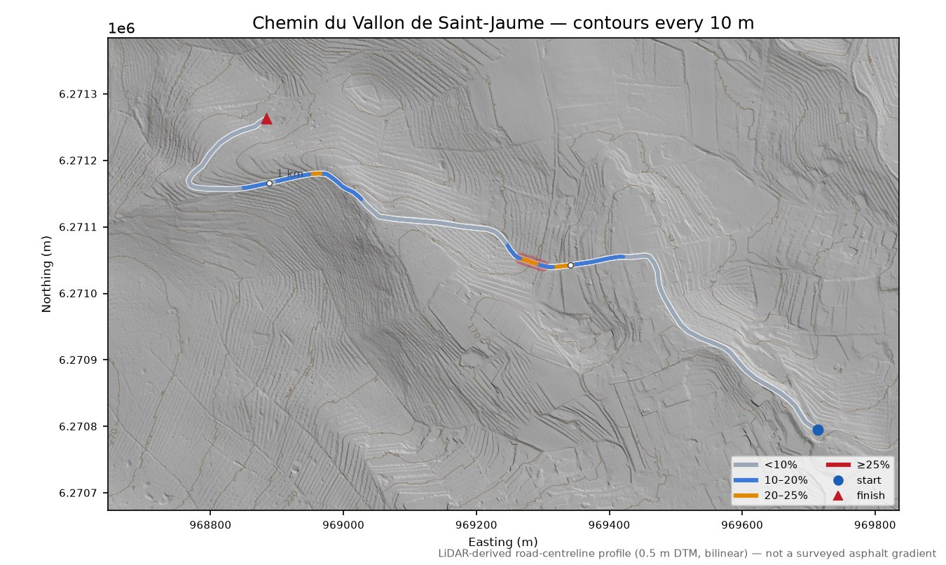 Chemin du Vallon de Saint-Jaume LiDAR hillshade map with contours