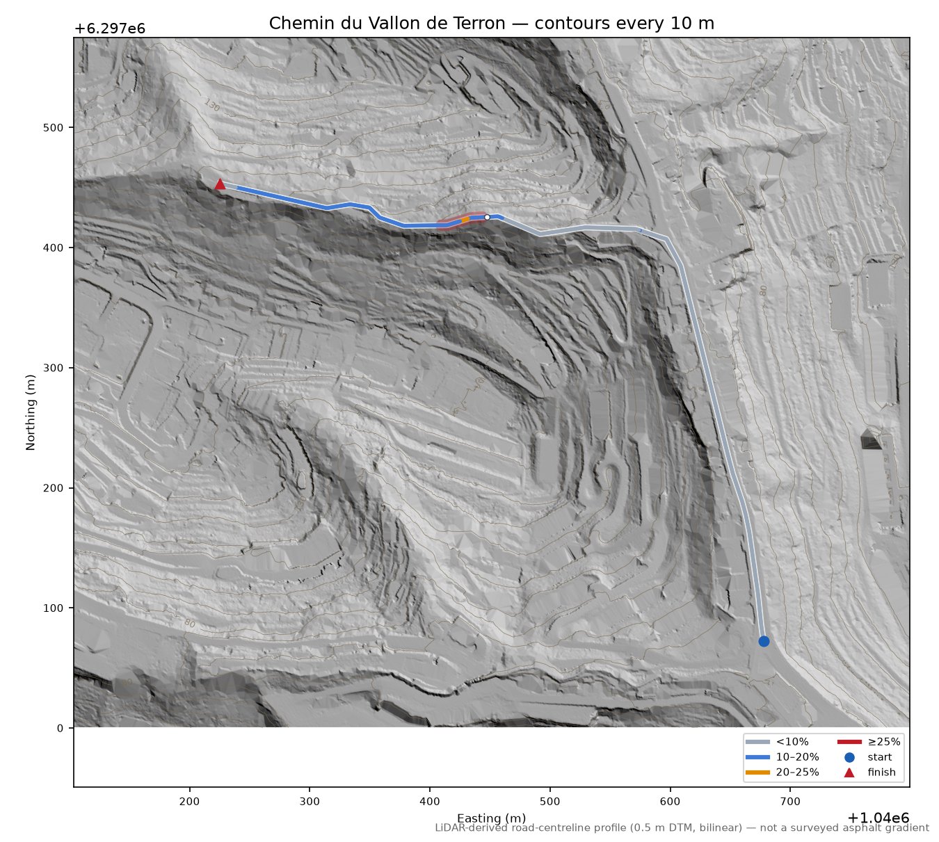 Chemin du Vallon de Terron LiDAR hillshade map with contours