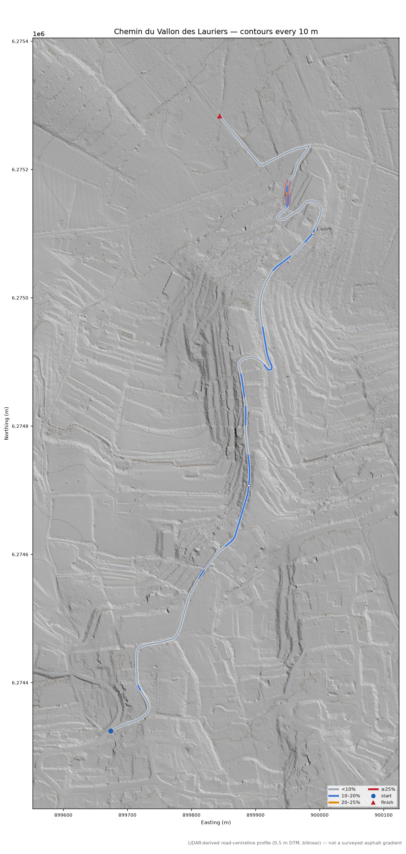Chemin du Vallon des Lauriers LiDAR hillshade map with contours
