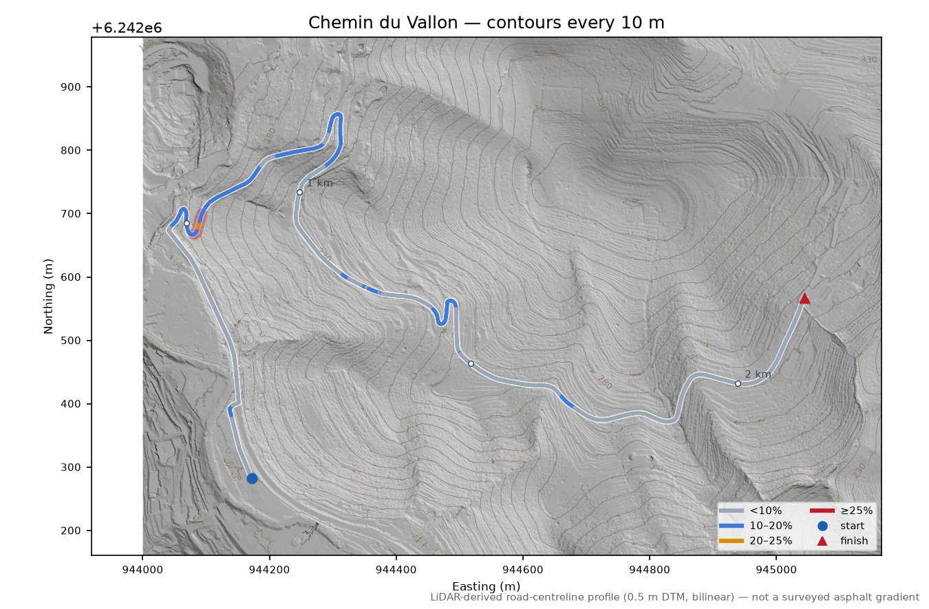 Chemin du Vallon LiDAR hillshade map with contours