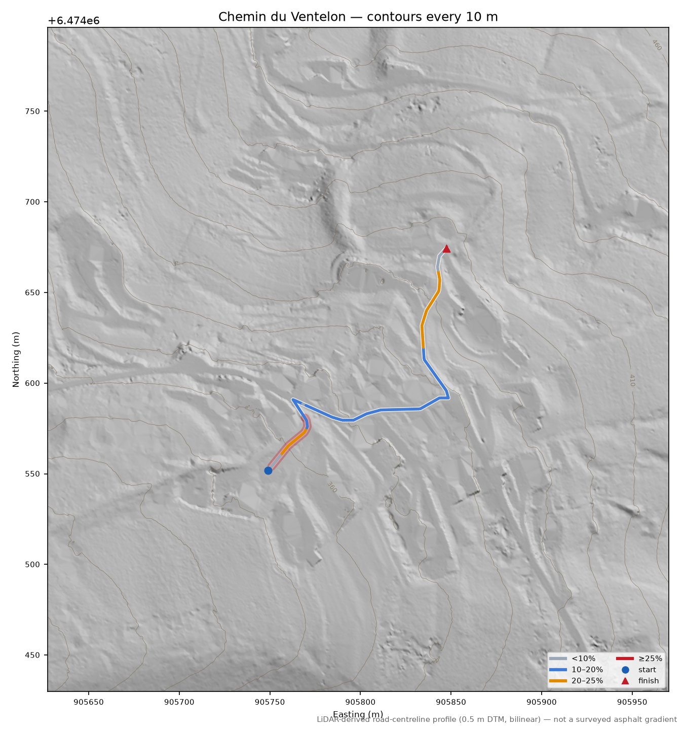 Chemin du Ventelon LiDAR hillshade map with contours