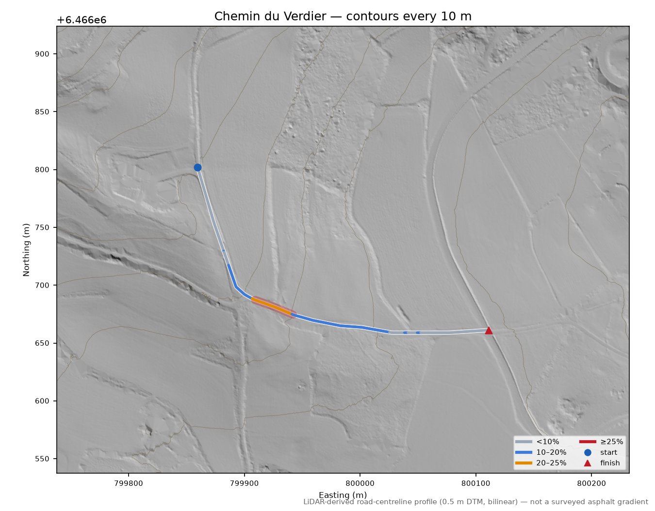Chemin du Verdier LiDAR hillshade map with contours