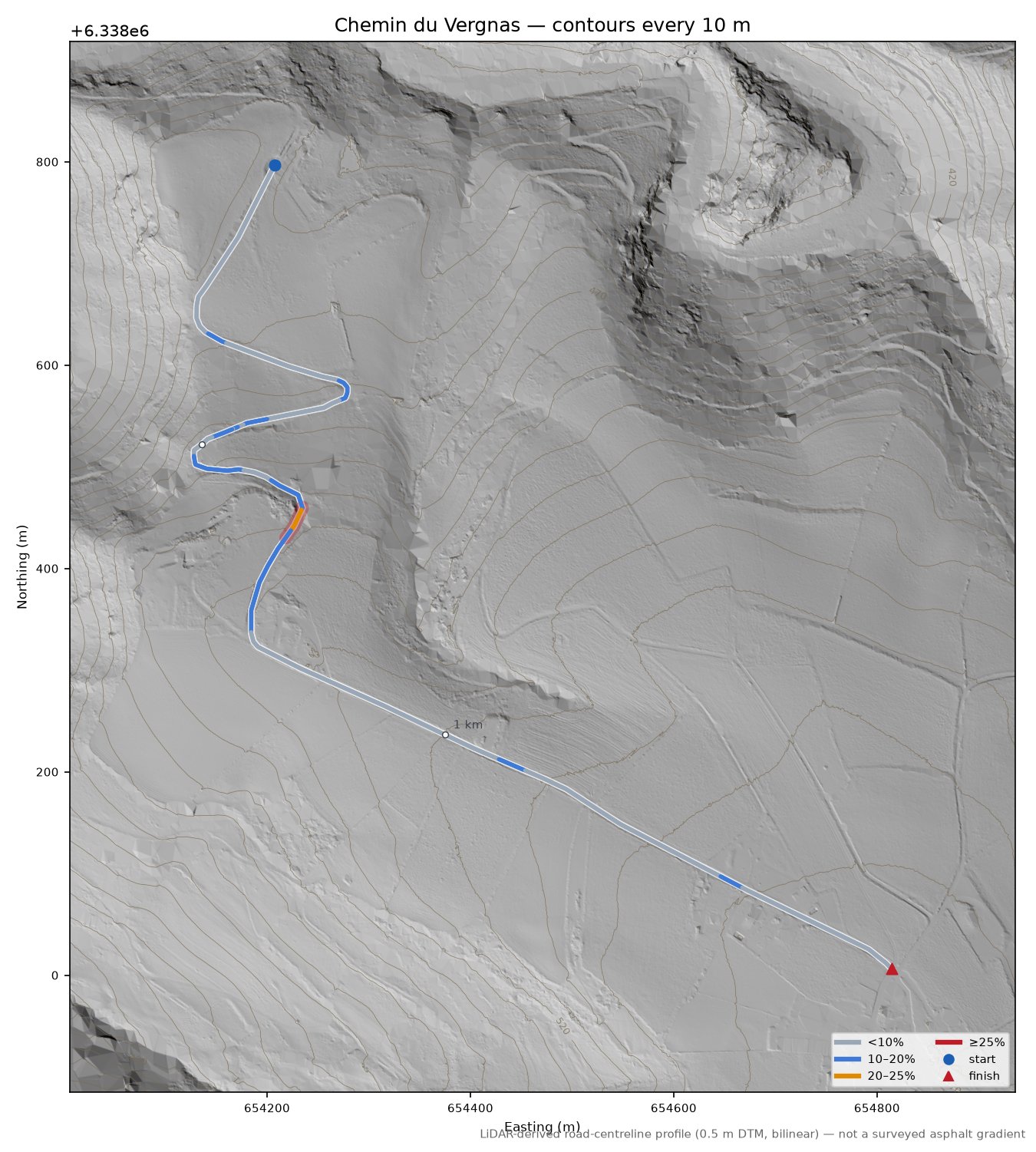 Chemin du Vergnas LiDAR hillshade map with contours
