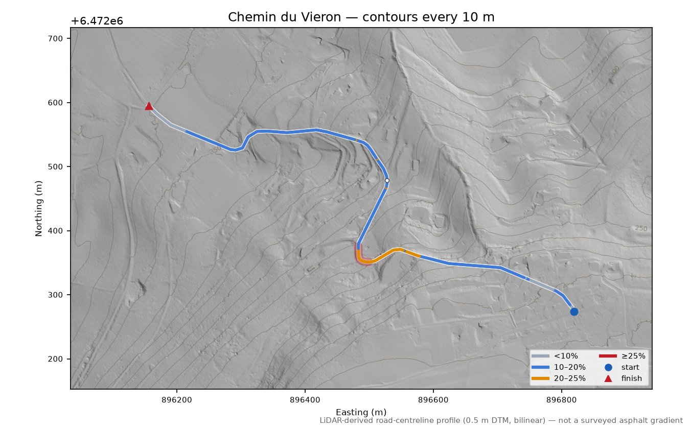 Chemin du Vieron LiDAR hillshade map with contours