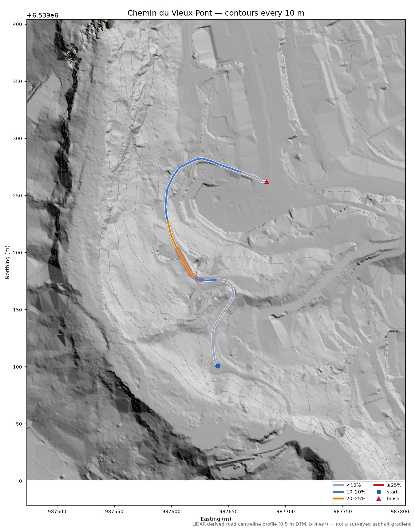 Chemin du Vieux Pont LiDAR hillshade map with contours