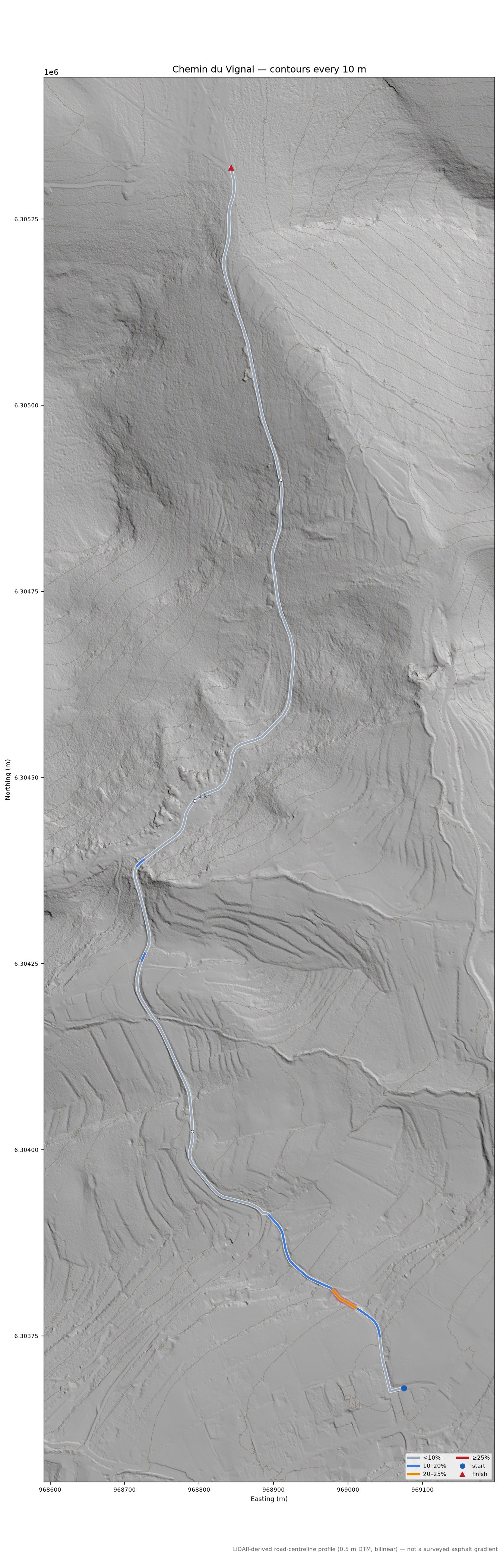 Chemin du Vignal LiDAR hillshade map with contours