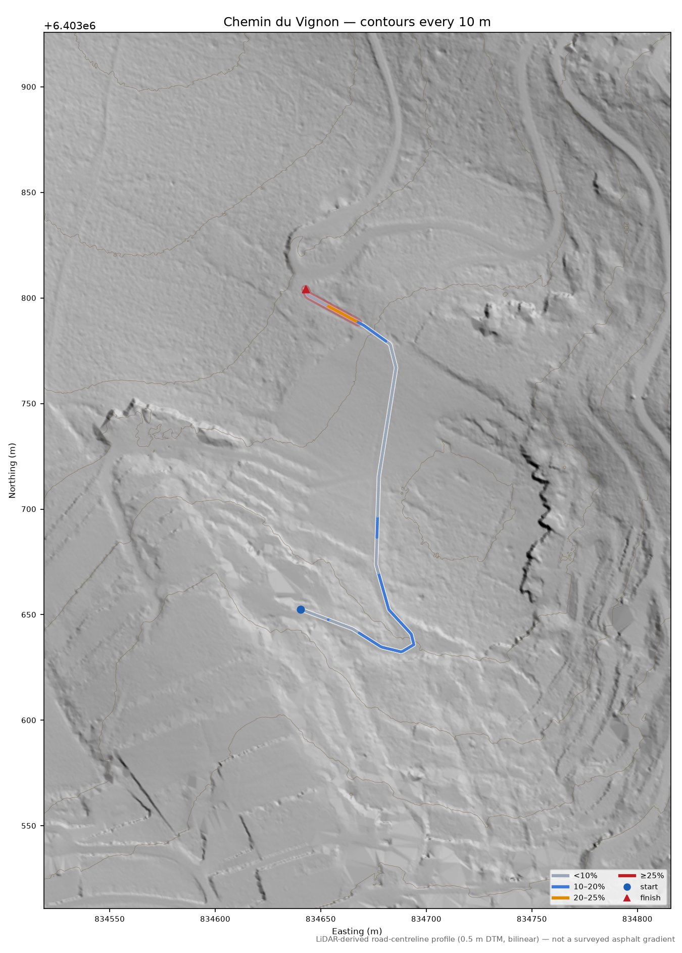 Chemin du Vignon LiDAR hillshade map with contours