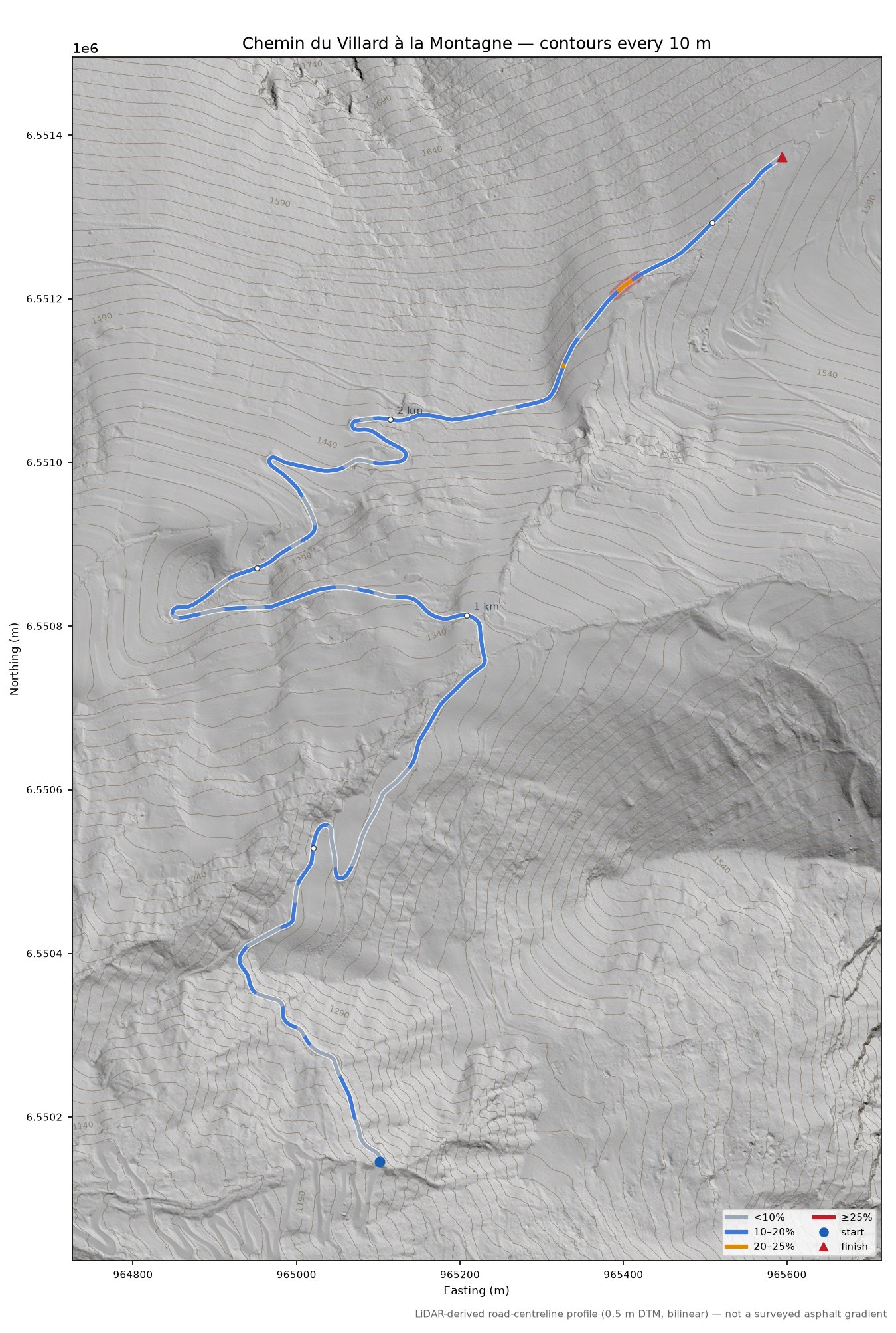 Chemin du Villard à la Montagne LiDAR hillshade map with contours