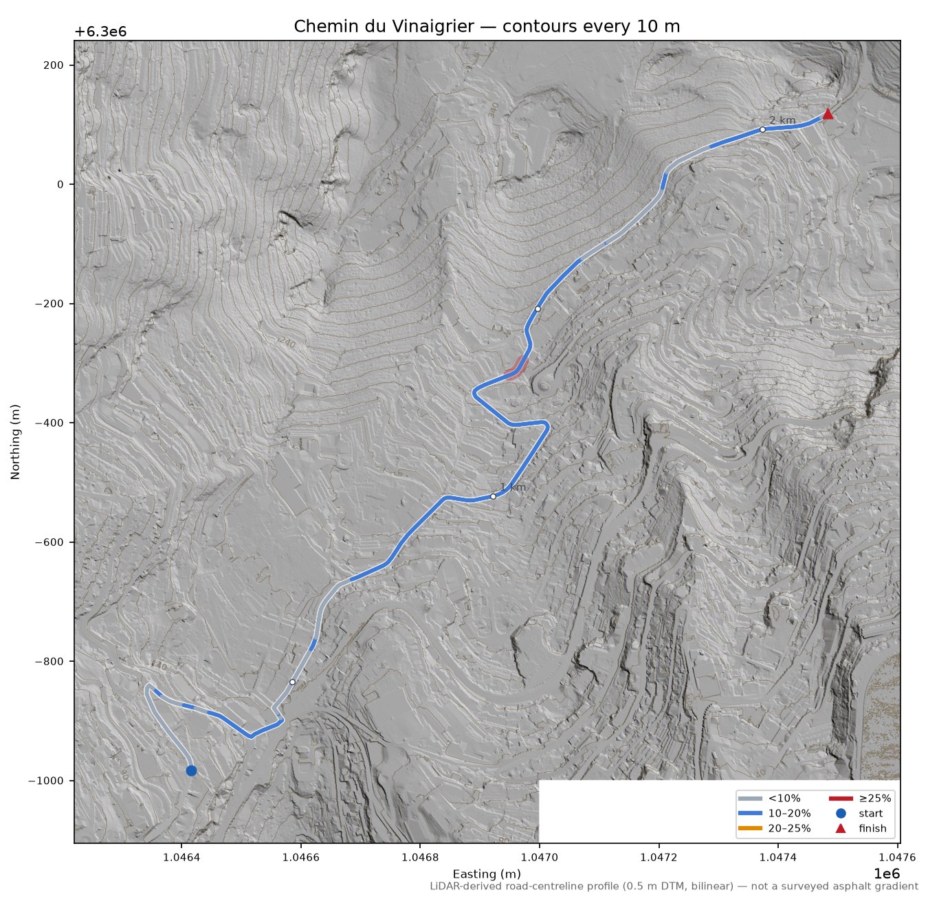 Chemin du Vinaigrier LiDAR hillshade map with contours