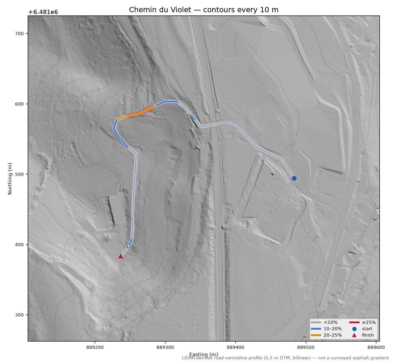 Chemin du Violet LiDAR hillshade map with contours