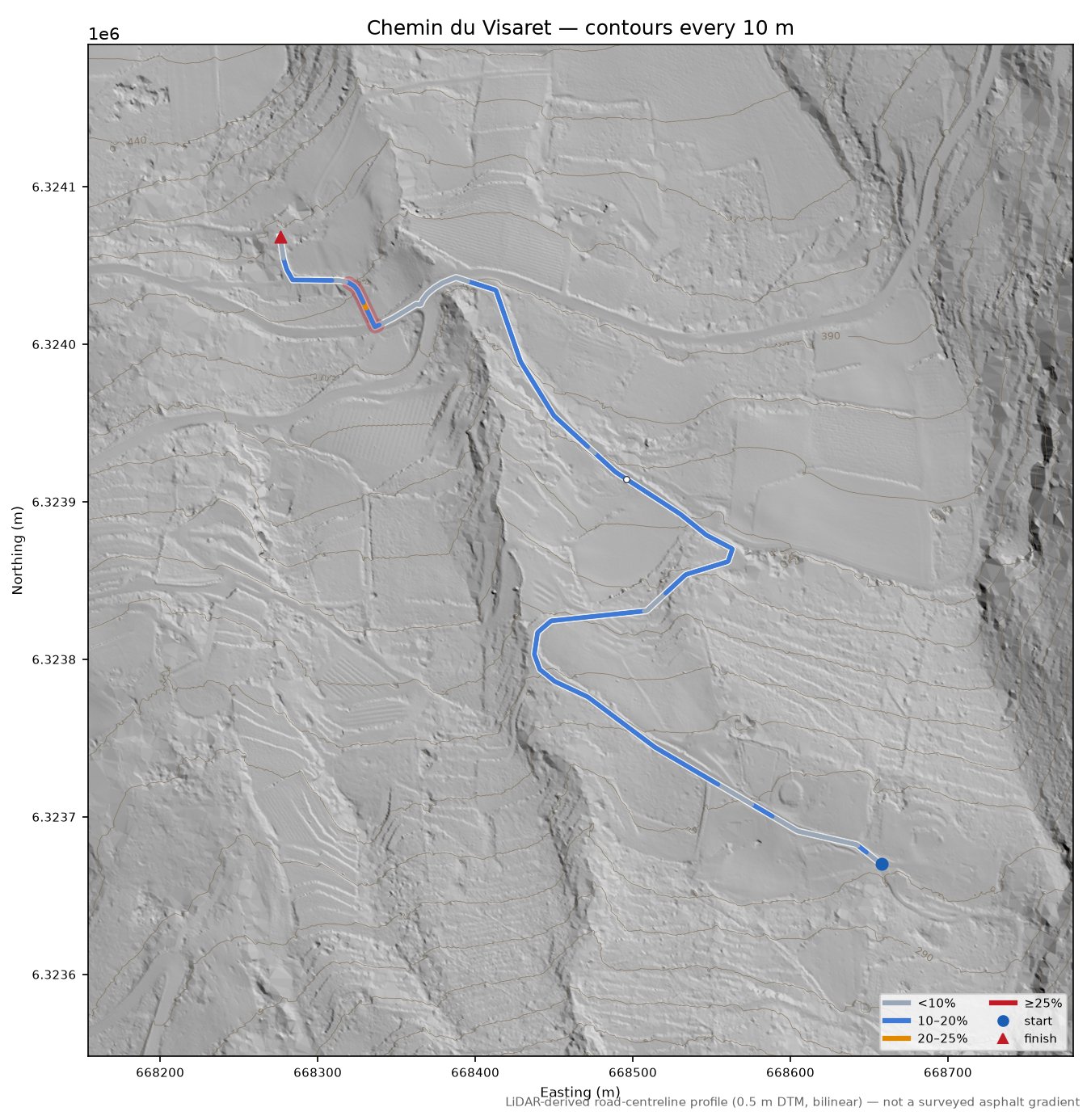 Chemin du Visaret LiDAR hillshade map with contours