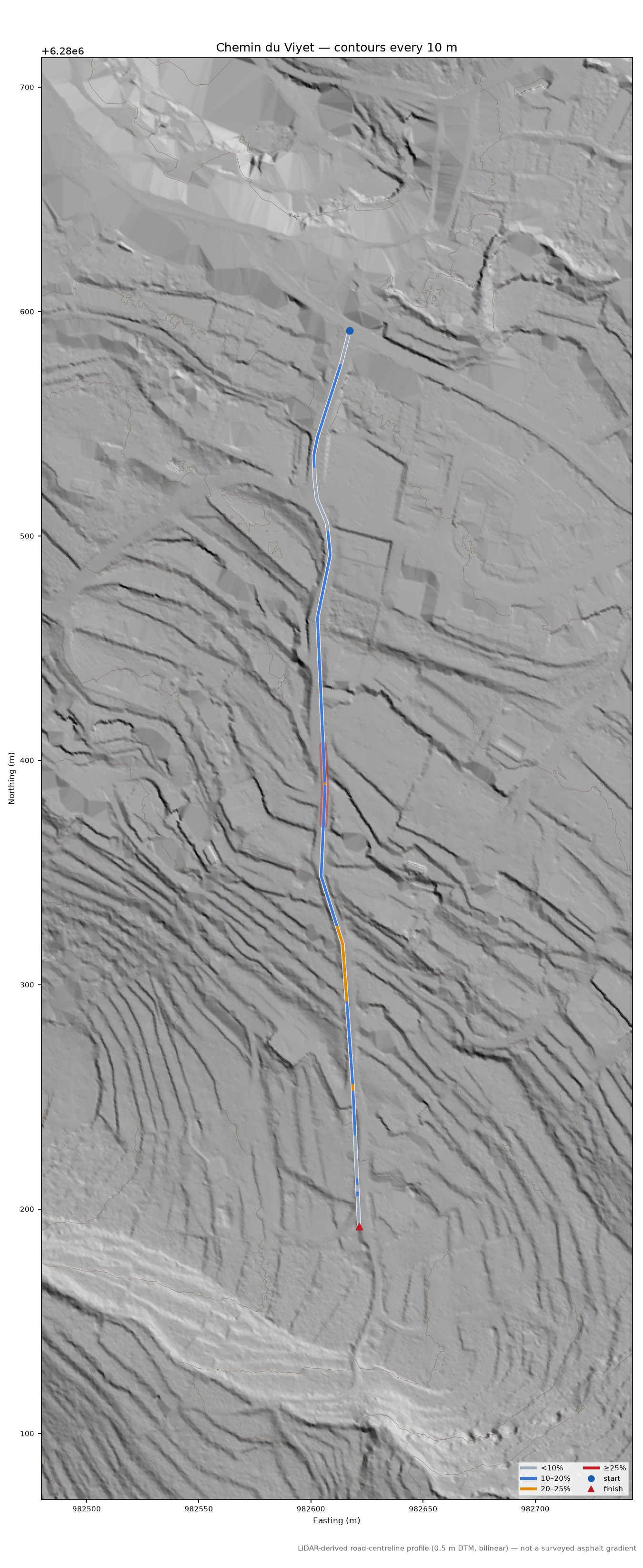 Chemin du Viyet LiDAR hillshade map with contours