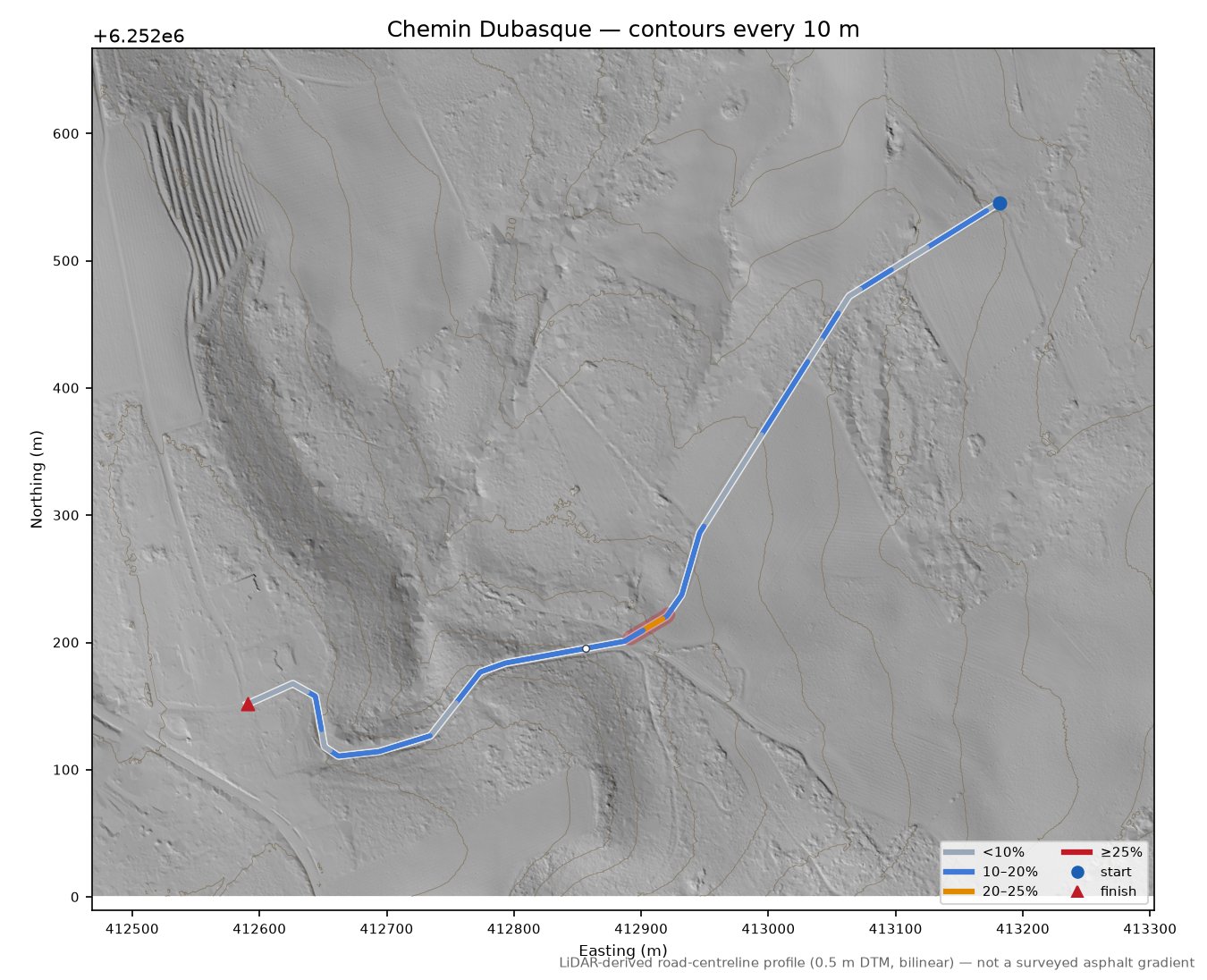 Chemin Dubasque LiDAR hillshade map with contours