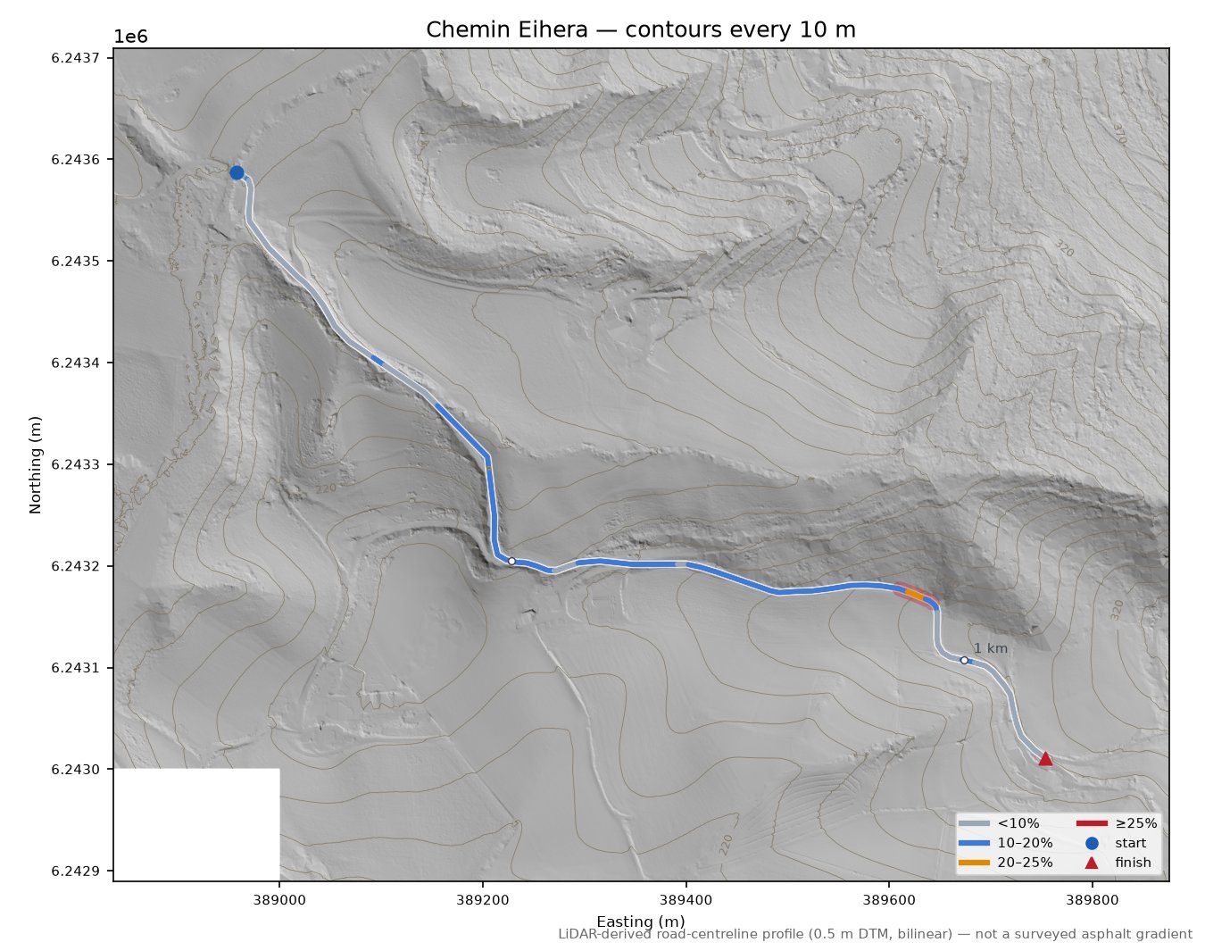 Chemin Eihera LiDAR hillshade map with contours