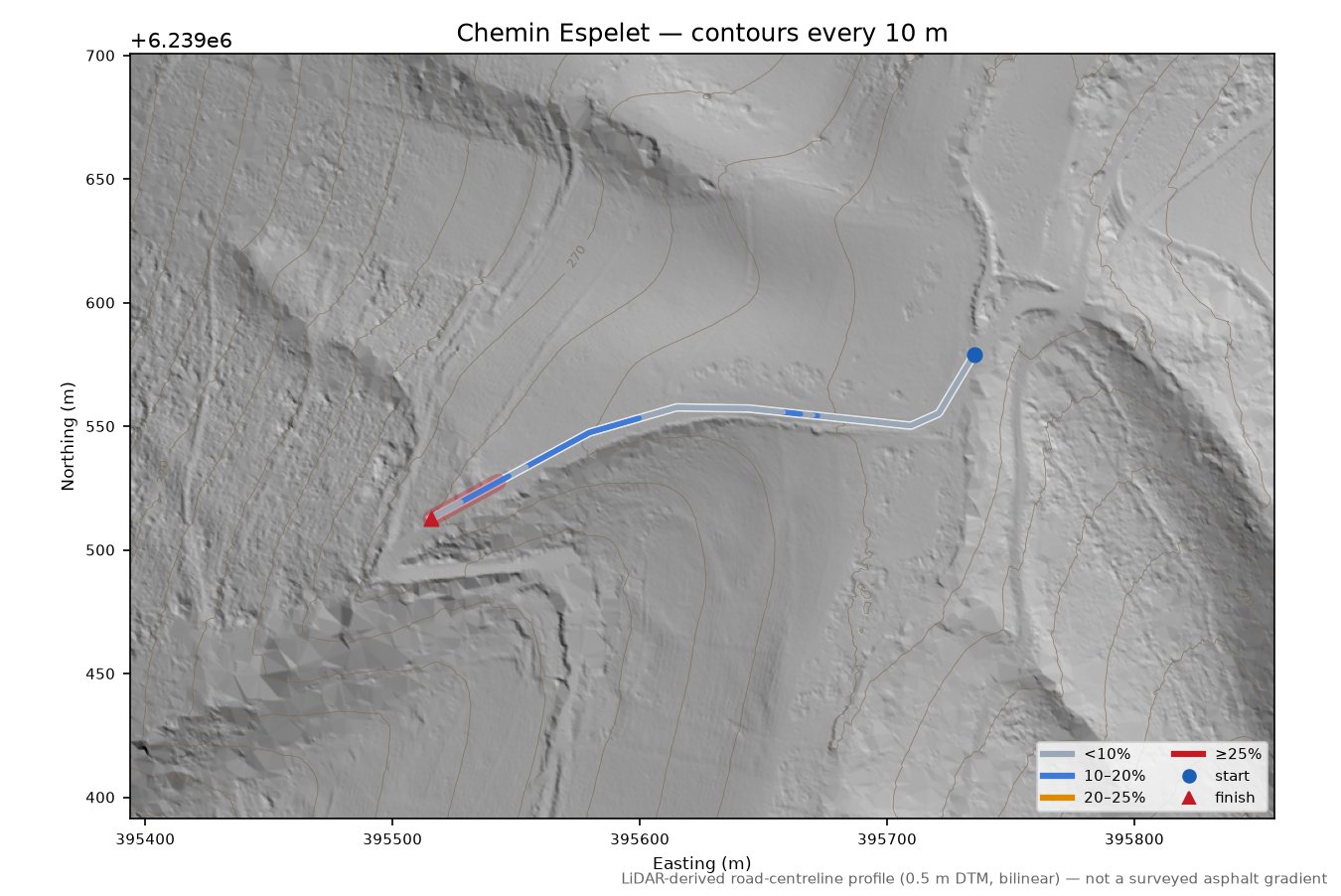 Chemin Espelet LiDAR hillshade map with contours