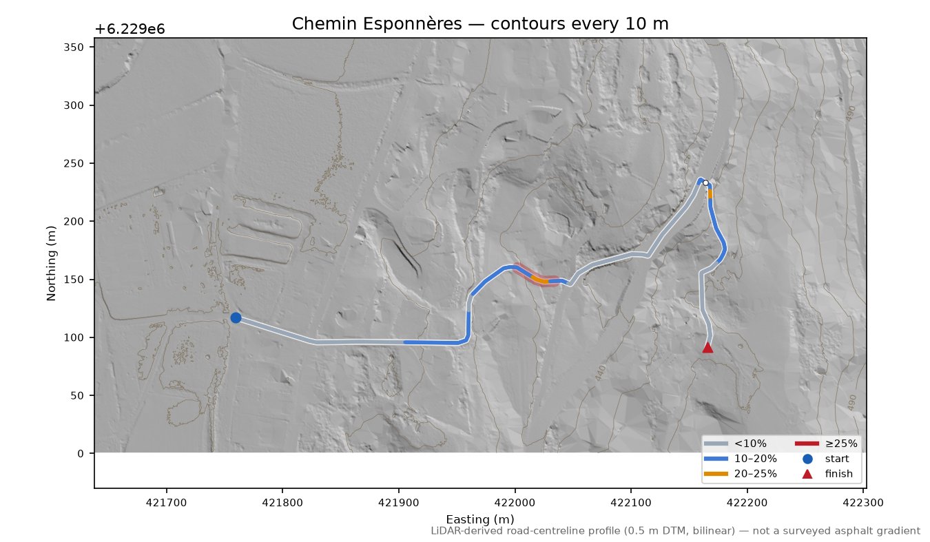 Chemin Esponnères LiDAR hillshade map with contours