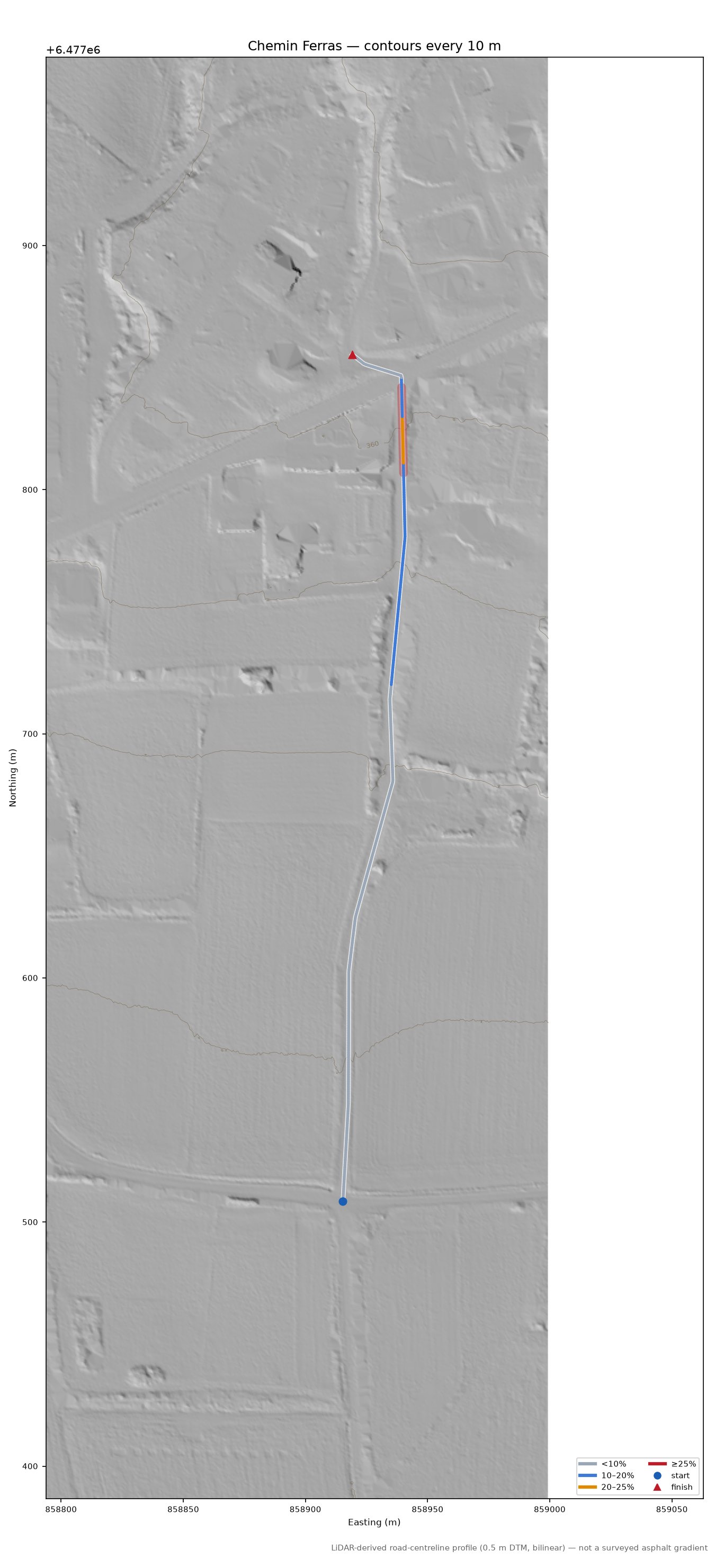 Chemin Ferras LiDAR hillshade map with contours