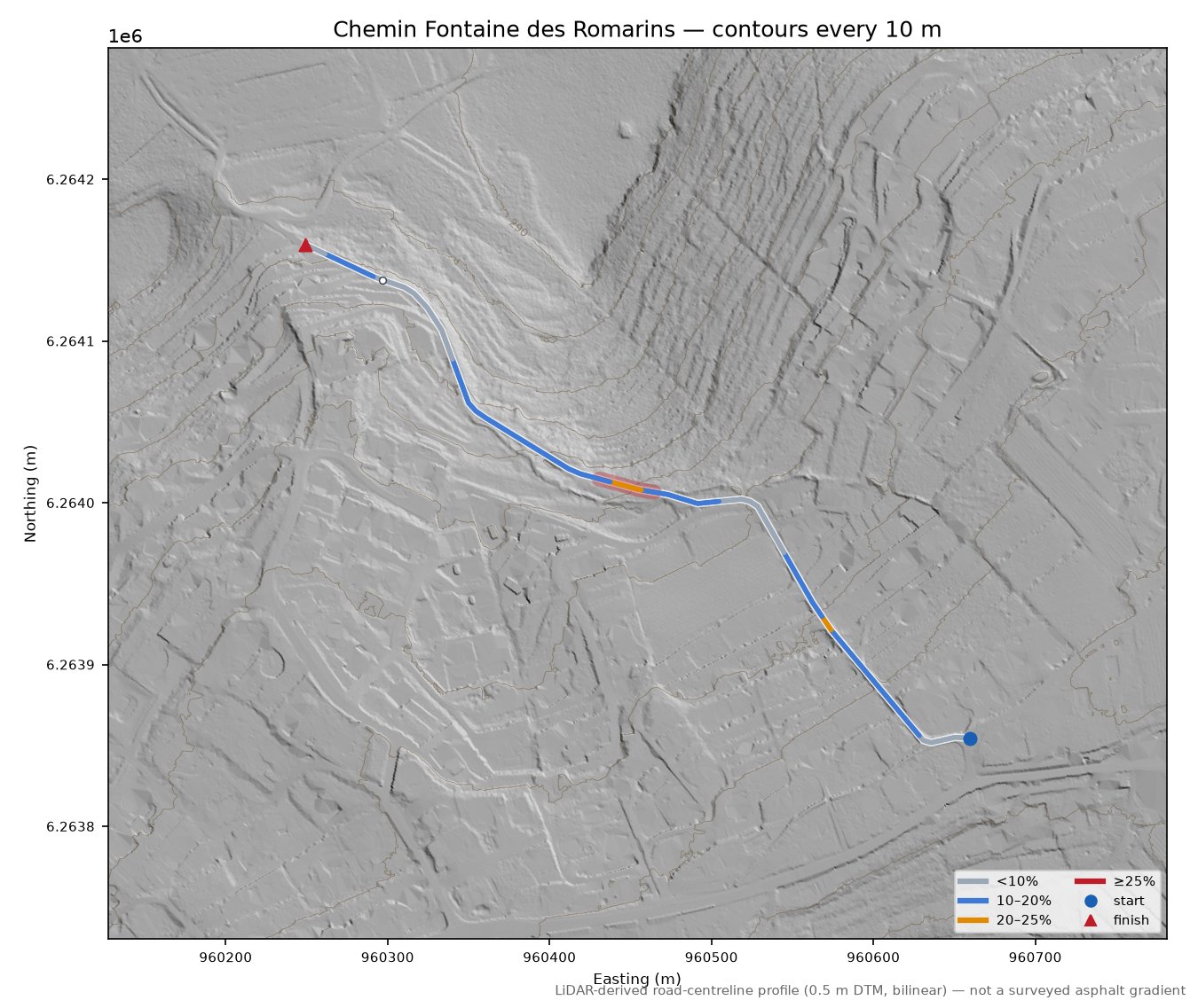 Chemin Fontaine des Romarins LiDAR hillshade map with contours