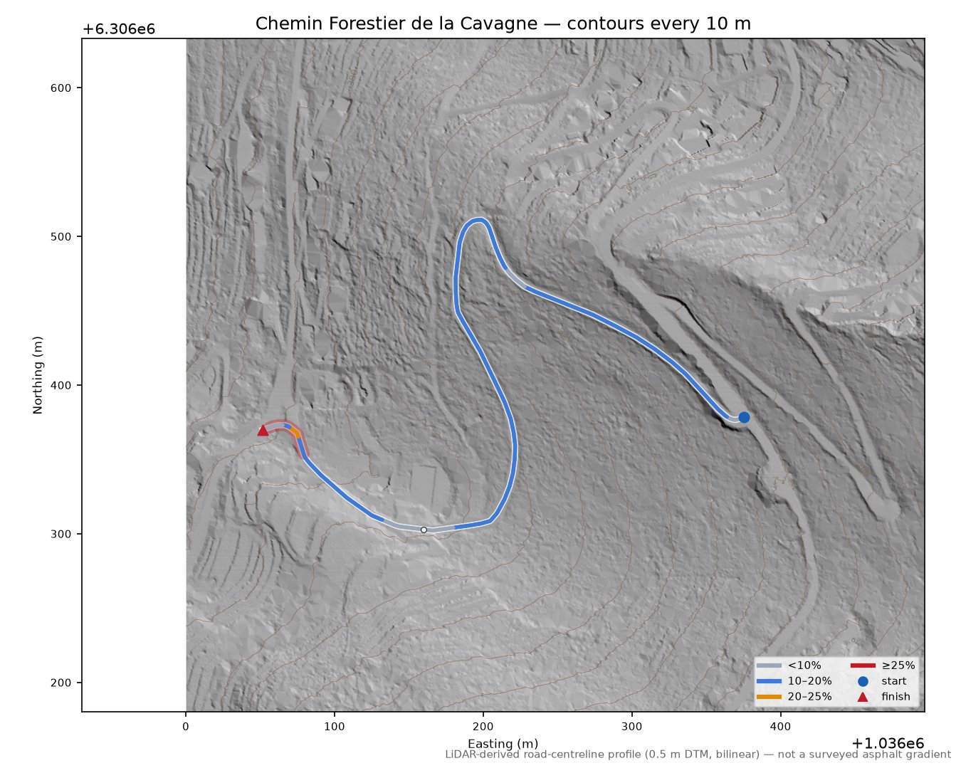Chemin Forestier de la Cavagne LiDAR hillshade map with contours