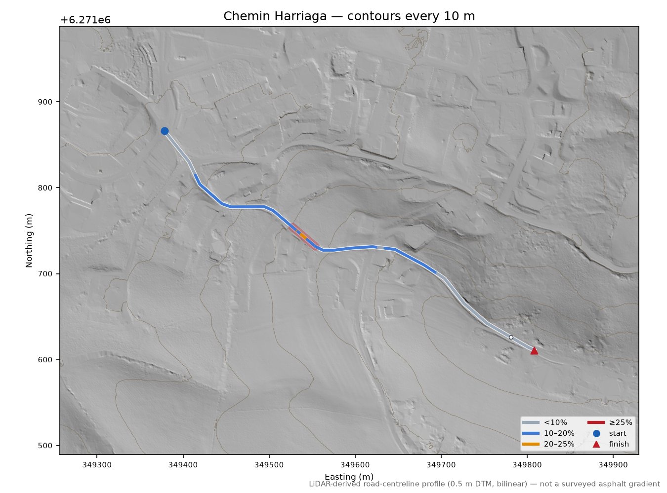 Chemin Harriaga LiDAR hillshade map with contours