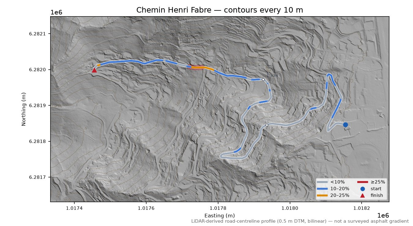Chemin Henri Fabre LiDAR hillshade map with contours
