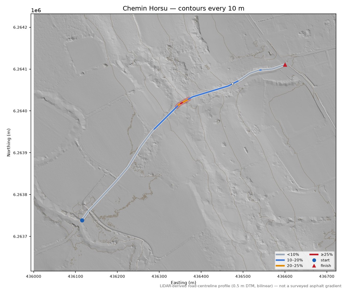 Chemin Horsu LiDAR hillshade map with contours