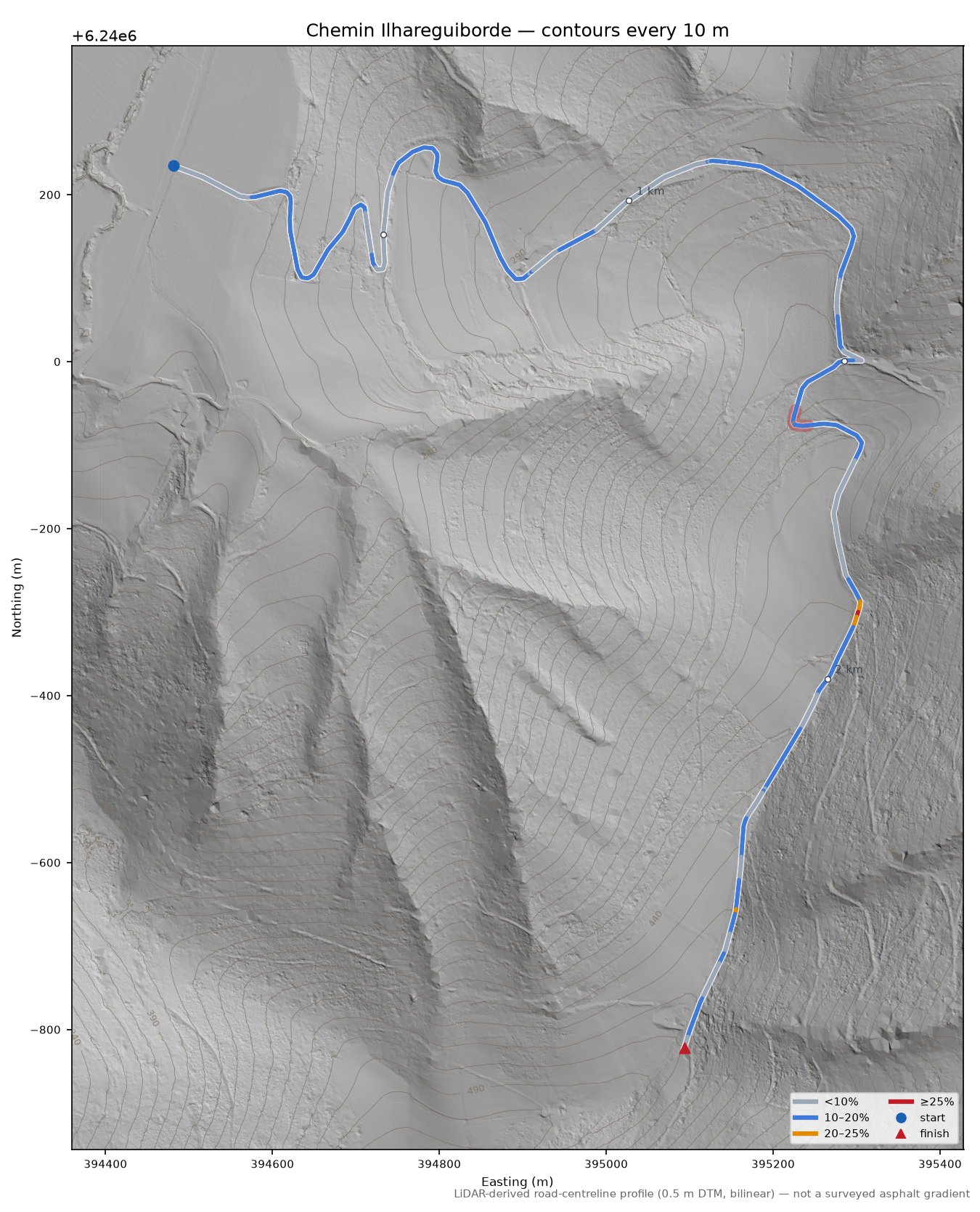Chemin Ilhareguiborde LiDAR hillshade map with contours
