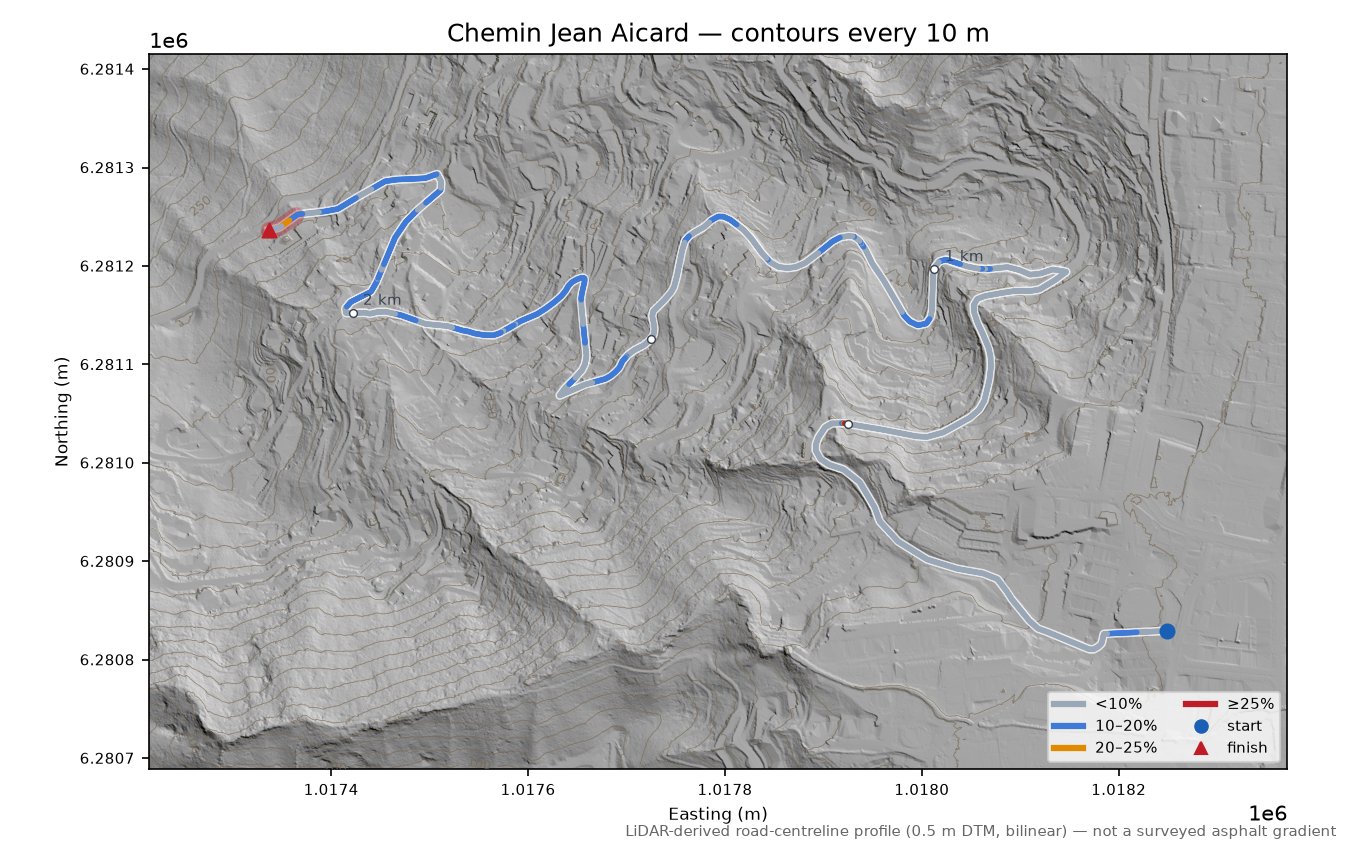 Chemin Jean Aicard LiDAR hillshade map with contours