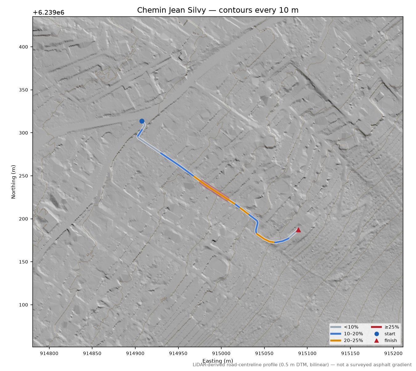 Chemin Jean Silvy LiDAR hillshade map with contours