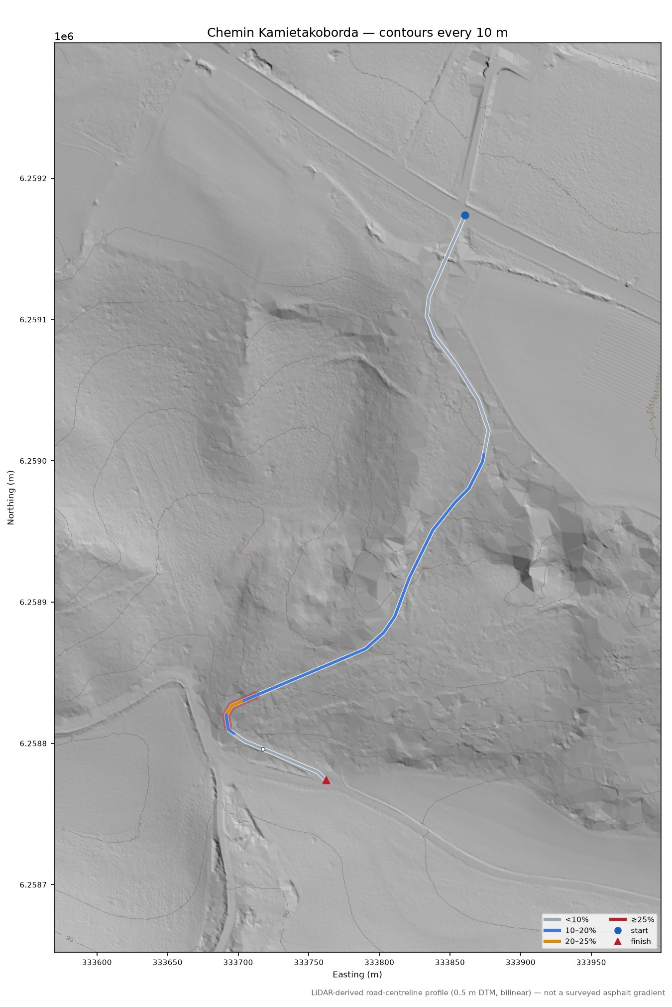 Chemin Kamietakoborda LiDAR hillshade map with contours
