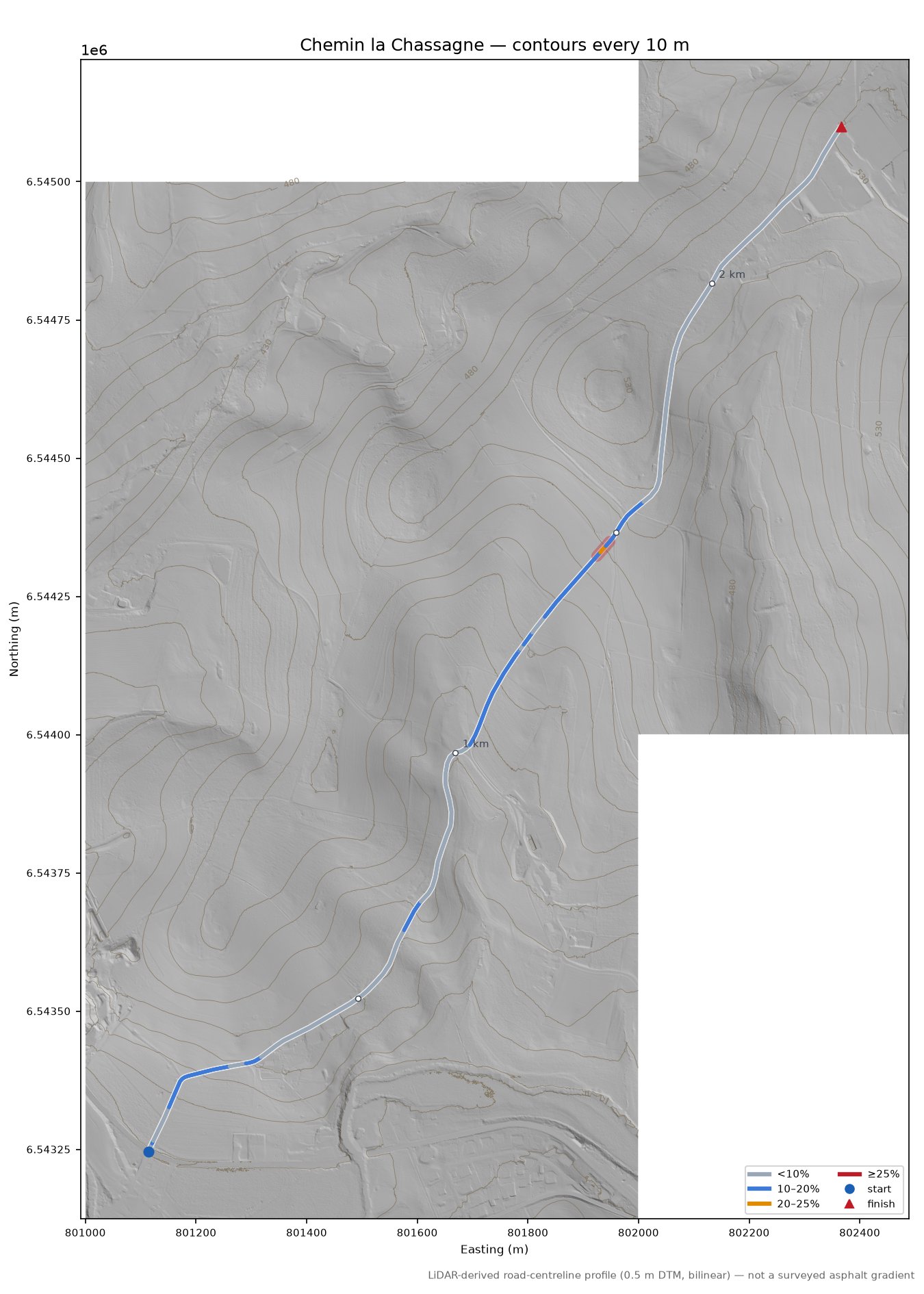 Chemin la Chassagne LiDAR hillshade map with contours