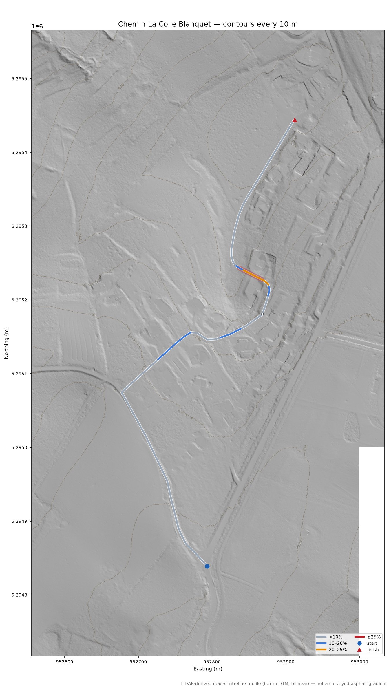 Chemin La Colle Blanquet LiDAR hillshade map with contours