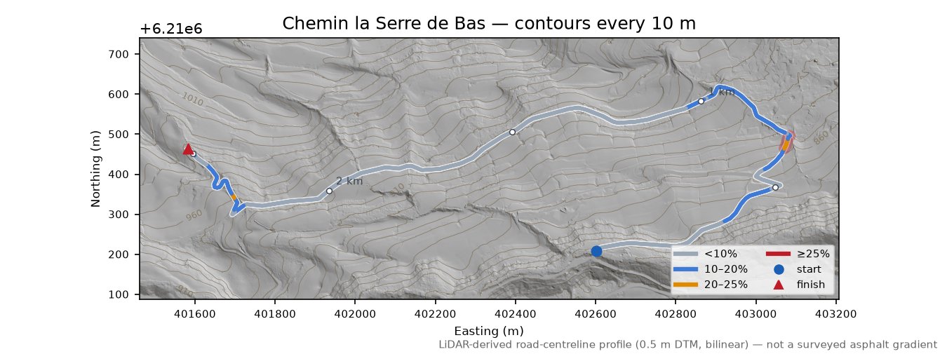 Chemin la Serre de Bas LiDAR hillshade map with contours