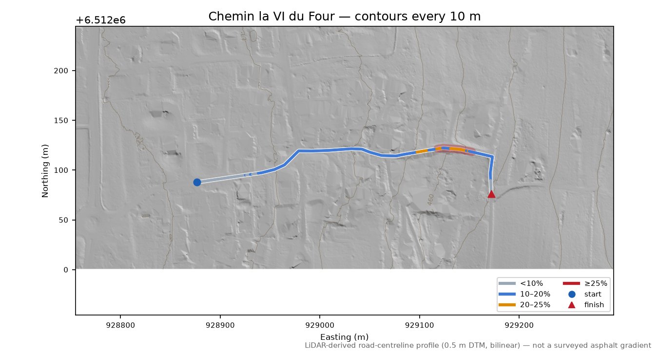 Chemin la VI du Four LiDAR hillshade map with contours