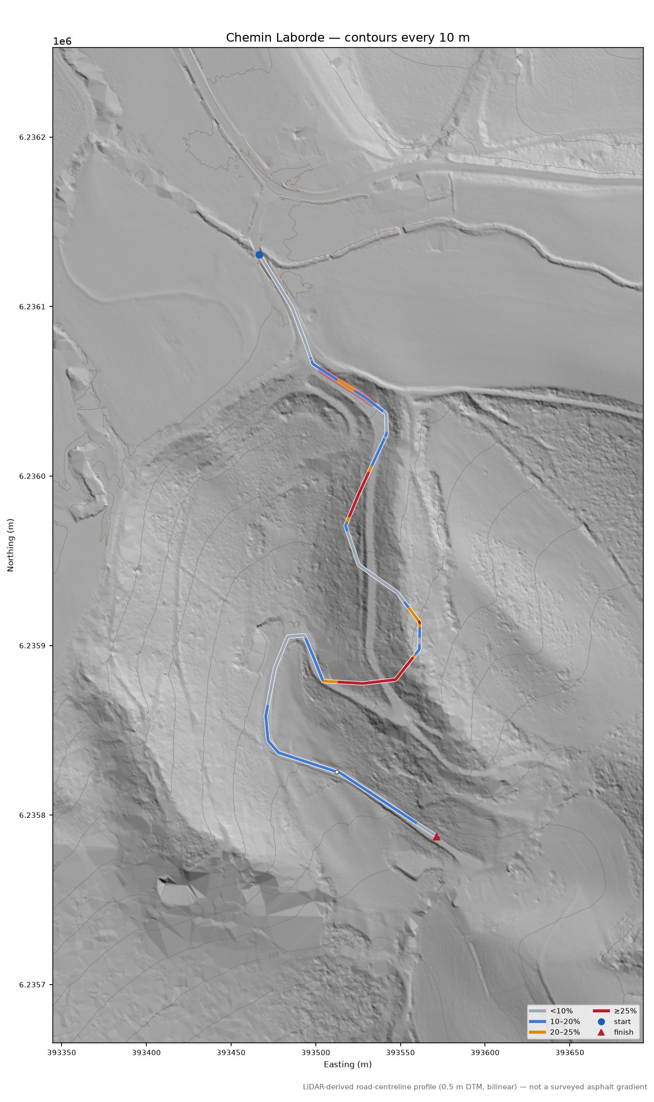 Chemin Laborde LiDAR hillshade map with contours