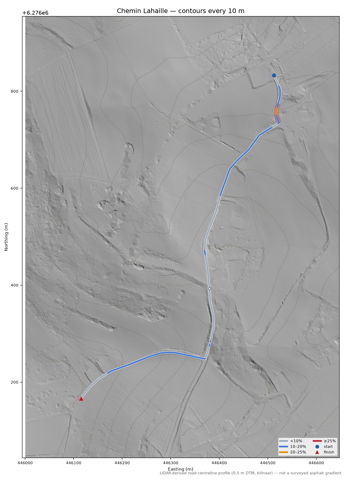 Chemin Lahaille LiDAR hillshade map with contours
